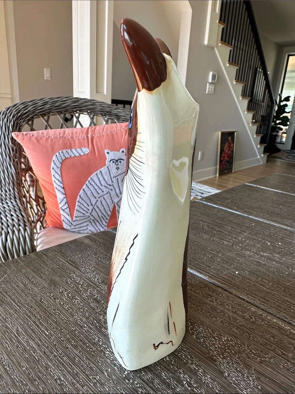 Handpainted Ceramic Cat Vase Figurine in Cream and Brown
